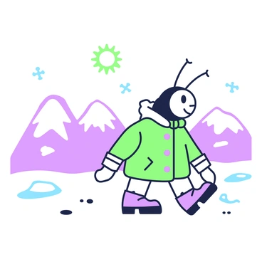 An ant is dressed as an arctic explorer, featuring a small parka and snow boots. It is walking across a snow-covered landscape, with tiny footprints trailing behind it. In the background, there are distant snow-capped mountains, and scattered patches of ice. The sky above is clear, allowing the sun to shine brightly, creating soft shadows on the snow. A few small snowflakes are gently falling around the ant, adding to the winter atmosphere.
