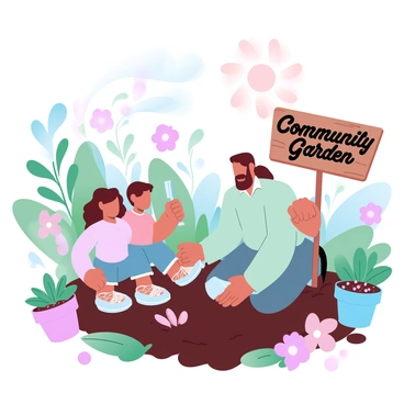 An INFJ wearing a light green shirt is kneeling in a community garden, surrounded by rich soil and vibrant flower seedlings ready to be planted. The INFJ is gently guiding two eager children, one with curly hair and the other with straight hair, as they hold small shovels. Colorful flower pots are scattered around, showcasing a variety of blossoms waiting to be planted. The sun casts a warm glow over the scene, illuminating the joy of teamwork and the love for nature. A wooden sign in the background reads “Community Garden” surrounded by lush greenery.