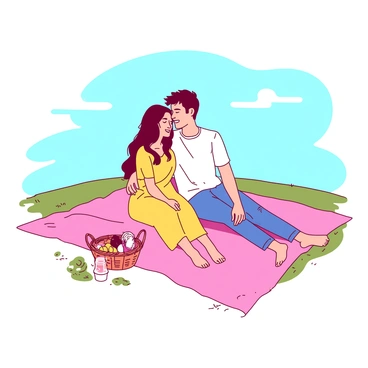 A pink picnic blanket is spread out on a grassy field under a clear blue sky. A couple is sitting closely together on the blanket, embracing each other warmly. The woman has long, flowing hair and wears a yellow dress, while the man has short dark hair and is dressed in a white t-shirt and blue jeans. Nearby, there is a small wicker basket filled with fresh fruit and drinks, and the sunlight casts soft shadows around them, creating a cozy atmosphere. The couple appears content and relaxed, enjoying their time together under the sun.