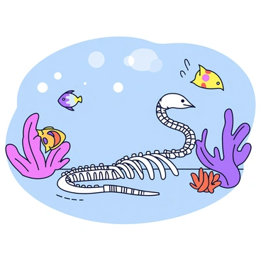 A snake skeleton lying on the ocean floor, partially submerged in the clear waters of a tropical reef. The skeleton is elongated and intricately structured, with numerous small vertebrae visible. Surrounding the skeleton are vibrant coral formations in shades of pink, purple, and orange. Colorful fish swim nearby, adding life to the scene, while gentle sunlight filters through the water, illuminating the skeleton and the coral.