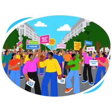 A lively public protest scene filled with diverse individuals holding colorful signs. Some signs read "Unbiased Media Coverage" in bold letters, while others state "Honest Reporting Matters." The protesters are a mix of people of different ages and ethnicities, all passionately advocating for their cause. In the background, a city street is visible, lined with buildings and trees, adding to the urban atmosphere. The sky is clear with a few fluffy clouds, enhancing the vibrant energy of the gathering.