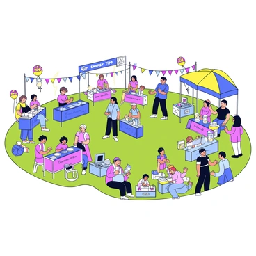 A vibrant community fair set in a sunny park. Colorful booths are arranged in a semi-circle, each featuring banners with phrases like "Energy Tips" and "Go Green." Families are engaging in various activities, such as children playing games that teach energy conservation. There are adults participating in workshops under a large shaded area. People are gathered around a booth showcasing solar panels. Bright decorations like balloons and streamers add to the festive atmosphere. A cheerful crowd is enjoying the day, and a small stage is set up for presentations on sustainable practices.