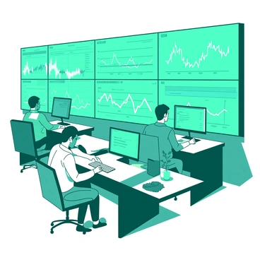 A teal control room is filled with multiple large screens displaying various economic data graphs and charts. Several workers are seated at sleek white desks, intently monitoring the data on the screens. Each worker is focused, typing notes on white keyboards and adjusting settings on their devices. A bright white light illuminates the room, reflecting off the screens and creating a vibrant atmosphere. In the background, additional data displays are mounted on the walls, showcasing real-time economic trends.