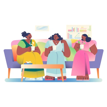 Three Indian women are seated together in a cozy living room, each holding a cup of steaming chai. The first woman has dark hair tied up in a bun and is wearing a vibrant yellow and green saree. She is laughing, her eyes sparkling with joy. The second woman has wavy black hair and is dressed in a light blue salwar kameez, smiling as she listens to her friend. The third woman has long hair cascading over her shoulders and is wearing a pink lehenga, leaning forward as she shares a story. The living room is warmly lit, with colorful cushions on a comfortable sofa and a wooden coffee table in front of them, adorned with a small plate of snacks. A bookshelf filled with books and decorative items is visible in the background, adding to the cozy atmosphere.