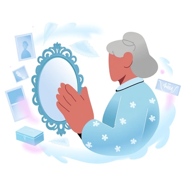 An elderly woman looking at her reflection in a vintage mirror, surrounded by memories of her youth