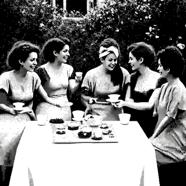 A group of women in vintage dresses is gathered in a lush garden. Each woman has a unique dress, showcasing various styles and patterns from the past. They are holding delicate teacups filled with tea, and there is an assortment of pastries displayed on a white tablecloth in front of them. The women are engaged in lively conversation, with smiles on their faces, and some are reaching for the pastries. The garden is filled with blooming flowers and greenery, creating a vibrant atmosphere for their tea party.