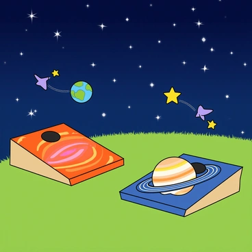 A colorful cornhole game set against a backdrop of a starry night sky. The cornhole boards are designed to resemble planets, with one board featuring a vibrant depiction of Earth and the other showcasing a swirling, colorful representation of Jupiter. Twinkling stars are scattered throughout the sky, adding a magical touch to the scene. The bean bags used in the game are shaped like shooting stars, each with bright trails behind them. The grass beneath the game is a lush green, creating a playful outdoor atmosphere.