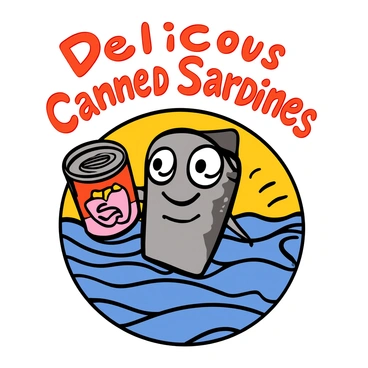 A retro advertising poster featuring a smiling sardine mascot with large, expressive eyes and a cheerful grin. The sardine is cartoon-like, with a shiny silver body and cute fins, standing in a dynamic pose. It is surrounded by vibrant colors and bold lettering that reads "Delicious Canned Sardines" in a playful font. The background showcases a stylized ocean wave pattern, enhancing the nautical theme, while the mascot holds a can of sardines with a label displaying an appealing design. The overall look is bright and inviting, capturing the joyful essence of the mascot.