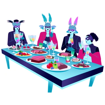 A lavish banquet table is set with an array of gourmet dishes, including roasted meats, vibrant fruits, and decadent desserts. Ornate crystal goblets filled with colorful beverages line the table, reflecting light in various hues. Surrounding the table, masked revelers in elaborate costumes are engaging in lively conversations. Some wear intricate masks adorned with feathers and jewels, while others flaunt vibrant capes and accessories. The atmosphere is filled with the energy of celebration and festivity.