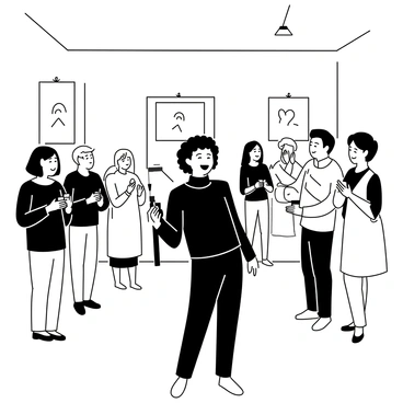 An artist stands at the center of an art gallery, surrounded by various artworks displayed on the white walls. The artist, a middle-aged individual with curly hair, is wearing a black turtleneck and dark pants. They are holding a paintbrush in one hand and smiling broadly, looking towards the audience. The crowd consists of men and women of different ages, all clapping their hands and smiling, expressing their appreciation. Some audience members are holding glasses of wine, while others are taking photos of the artist. The atmosphere is filled with a sense of celebration and recognition of artistic talent.