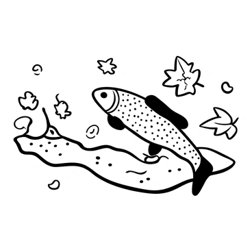 A brook trout swimming in a shallow stream, focused on digging a nest in the gravel at the bottom. The water flows gently around the fish, creating small ripples. Scattered around the trout are fallen autumn leaves, depicting various shapes and sizes. The leaves rest on the surface of the water and partially submerged in the stream, providing a contrast to the scene.