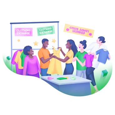 A modern pastel illustration depicting a lively clothing exchange event. In the center, a group of diverse people are happily swapping clothes. There are a variety of clothing items, including shirts, dresses, and accessories, in bright, cheerful colors. Two individuals are exchanging a vibrant yellow dress, while another person holds up a blue sweater. Surrounding them are banners with playful patterns and signs indicating "Clothing Exchange" in bold letters. The atmosphere is filled with excitement and joy as people interact and browse through the offerings.