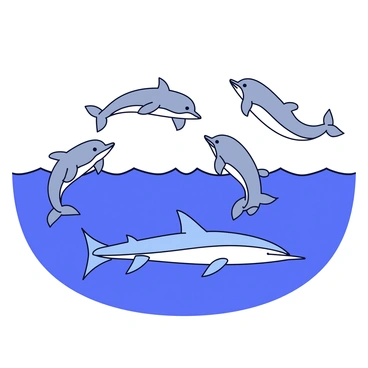 A group of four dolphins with sleek, gray bodies are playfully leaping out of the water. Each dolphin has a prominent dorsal fin and a joyful expression. Near them, a marlin with a long, slender body and a sharp bill swims gracefully, its blue and silver skin reflecting the sunlight. The scene takes place at the ocean surface, with gentle waves creating ripples around the dolphins and the marlin. The background is a gradient of deep blue, representing the vast ocean depths.