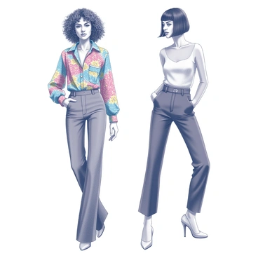 A detailed fashion illustration showcasing a 1970s outfit. The model is wearing a high-waisted flared pants paired with a colorful patterned blouse, featuring wide collars and bold floral designs. Her hair is styled in a voluminous, curly manner, typical of the era. Beside her, a contemporary fashion piece is displayed. This modern outfit consists of tailored, straight-leg trousers and a sleek, minimalist top with clean lines. The modern model has a sharp bob haircut, presenting a striking contrast to the 1970s style. Both models are posed in an engaging manner, highlighting the differences between the two fashion styles.