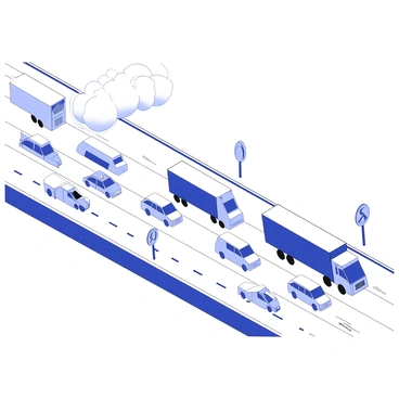 A busy highway is filled with various vehicles, including cars, trucks, and buses. The cars are lined up in multiple lanes, some moving while others are at a standstill. Trucks, with large cargo containers, are positioned in the rightmost lane, showing their substantial size in comparison to smaller vehicles. Buses are visible, displaying their distinct shapes and large windows, carrying passengers. Above the vehicles, plumes of exhaust are rising into the air, creating a thick haze above the highway. The pavement is textured and shows signs of wear, with dashed lanes marking the path for the vehicles. Traffic signs are scattered along the edges of the road, providing direction and information to the drivers.