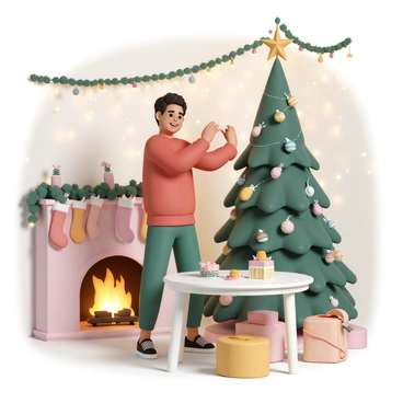 A festive host, wearing a red sweater and green pants, is hanging garlands around the cozy living room. The room is filled with warm, soft lighting and decorated with twinkling lights that create a cheerful atmosphere. A large Christmas tree is placed in the corner, adorned with colorful ornaments and a star on top. A fireplace with stockings hung above adds to the holiday spirit, while a table is set with holiday-themed decorations and snacks. The host smiles as they adjust the decorations, preparing for the upcoming festive gathering.