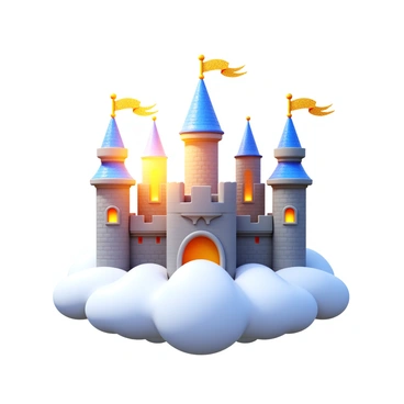 A fantastical castle with tall turrets and shimmering flags. The castle is perched atop fluffy white clouds. The architecture features intricate stonework, with elegant arches and balconies. Sunlight reflects off the glittering flags, creating a warm glow around the castle. The clouds appear soft and billowy, surrounding the base of the castle in a whimsical manner.