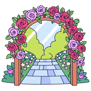A romantic garden archway with a wooden structure. The archway is covered in climbing roses with vibrant red and soft pink blooms. The roses are lush and full, cascading down the sides of the arch. There is a cobblestone path leading through the archway, surrounded by greenery and a variety of flowering plants. Sunlight filters through the leaves, creating dappled light on the ground.