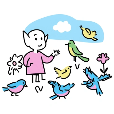 A small house-elf with large ears and big eyes is standing in a sunny garden. He is surrounded by several colorful birds, each with vibrant feathers of green, blue, and red. The house-elf is reaching out with one hand, attempting to interact with a bright yellow bird perched on his finger. In the background, there are blooming flowers in various colors and a clear blue sky above, creating a lively atmosphere. The sunlight casts gentle shadows on the ground, enhancing the cheerful scene.