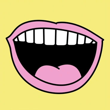 A minimalist movie poster depicting "a single oversized laughing mouth" in the center. The mouth is wide open, showcasing white teeth and a red tongue. The background is "bright yellow," creating a vibrant contrast. The overall design maintains a clean aesthetic with no additional elements cluttering the image.