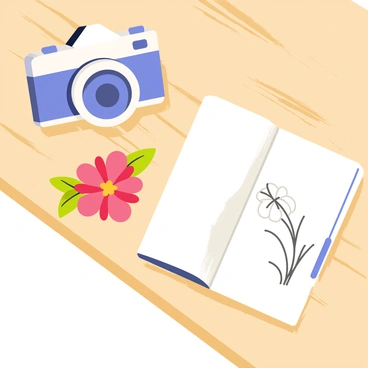 A wooden table with a light brown finish features a camera positioned on the left side, focused on a vibrant red flower with delicate petals and green leaves. Next to the camera, a white sketchpad lies open, displaying a detailed pencil drawing of the same flower. The background includes soft shadows cast on the table's surface, highlighting the contrast between the camera and sketchpad. The scene emphasizes the different interpretations of the flower, with the camera capturing its true colors and the sketchpad showcasing artistic representation.