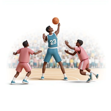 A basketball player, wearing a blue jersey with the number 23, is in a shooting stance poised to take a three-pointer. The player has a focused expression, with one arm extended and the basketball held above their head. Two defenders, wearing red jerseys, are rushing in from the sides, one attempting to block the shot and the other positioned to contest from the front. The court has a wooden floor, and a crowd is visible in the background, blurred to emphasize the action on the court.