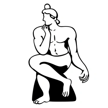 A representation of a statue resembling "The Thinker" in a thoughtful pose. The figure displays intricate muscular definition, showcasing well-defined biceps, triceps, and abdominals. The statue is seated on a rock, with one elbow resting on its knee and the other hand supporting its chin. The overall composition emphasizes the strength and tension in the body's structure, highlighting the contours and shadows created by the interplay of light and dark. The background is minimal, focusing attention entirely on the statue's form and posture.