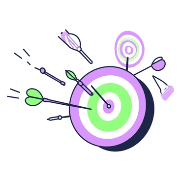 A series of darts are flying through the air towards a round target. Each dart is depicted in varying stages of flight, showcasing their streamlined shapes and pointed tips. The target is positioned centrally, featuring concentric circles and a clearly defined bullseye. The background includes a blurred representation of a dartboard fixture, emphasizing the action of the darts in motion. Some darts are closer to the target, while others are further away, creating a sense of depth in the image.