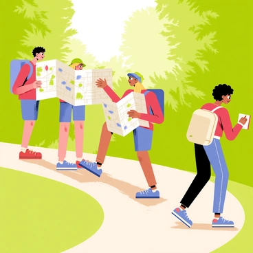 A group of four hikers walking along a narrow, winding path in a lush green forest. Two hikers are sharing a large, folded map, which is brightly colored and detailed. One of the hikers has short brown hair and is wearing a blue backpack, while the other has long blonde hair and is dressed in a red jacket. The third hiker, wearing a green hat, is holding a pair of binoculars up to their eyes, scanning the treetops. The fourth hiker, with curly black hair, carries a light brown backpack and is taking notes in a small notebook. Sunlight filters through the leaves, creating dappled light on the ground.