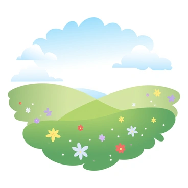 A vast meadow filled with colorful wildflowers swaying gently in the breeze. The grass is a lush green, stretching across the landscape, dotted with patches of yellow, purple, and red blooms. Above, the sky is a bright blue with a few fluffy white clouds drifting lazily. Sunlight casts soft shadows on the ground, creating a warm and inviting atmosphere across the scene.