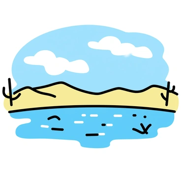 A vast desert landscape with golden sand dunes stretching into the horizon. In the center, there is a shimmering mirage that creates the illusion of a body of water. The surface appears to reflect the clear blue sky, with hints of white clouds scattered across it. The sunlight glints off the mirage, enhancing the contrast between the dry terrain and the shimmering illusion. The scene features sparse vegetation, with a few hardy desert plants scattered around the dunes.