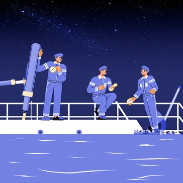 A group of four crew members wearing blue uniforms is working diligently on a ship's deck. The deck is illuminated by bright white lights from above, contrasting with the deep blue of the night sky. Above them, a multitude of stars sparkle, with the Milky Way visible in the background. One crew member is operating a large piece of equipment while another is reading gauges, focused on their tasks. The third crew member is securing equipment, and the fourth is looking up at the sky, taking a brief moment to admire the stars. The ocean is calm, reflecting the starlight, and the overall atmosphere is one of quiet dedication.
