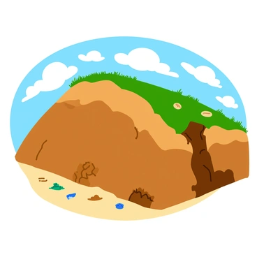 A hillside showing significant soil erosion due to pollution, with areas where the soil has washed away, revealing the underlying rock and roots. Visible landslides are scattered across the slope, with piles of loose dirt and debris at the base. The ground is uneven, featuring patches of dry, cracked earth, contrasting with the few remaining tufts of grass and small plants struggling to survive. In the background, a cloudy sky adds to the somber atmosphere, while hints of human activity, like discarded plastic, emphasize the impact of pollution on the landscape.