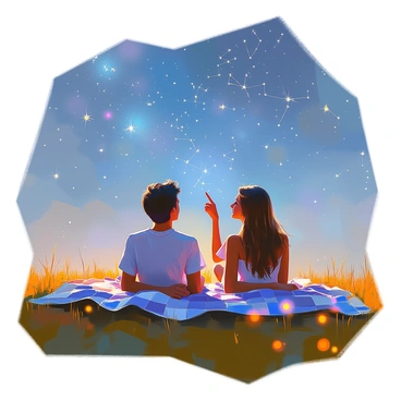 A couple lying on a checkered blanket spread on a grassy hillside, gazing up at a starlit night sky. The sky is filled with countless twinkling stars, forming visible constellations. The man has short dark hair and is wearing a casual t-shirt, while the woman has long flowing hair and is dressed in a light summer dress. They are both smiling as they point towards different constellations, with the woman using her finger to trace an outline in the sky. Soft glows from nearby fireflies add a magical ambiance to the scene.