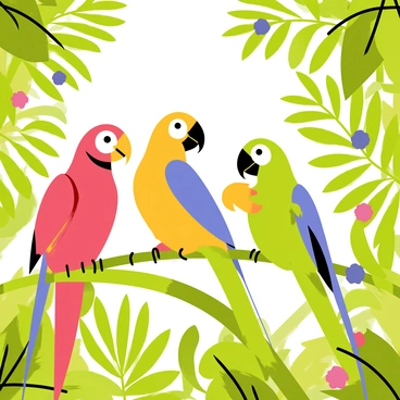 A group of brightly colored parrots perched on green branches in a lush rainforest. The parrots have vibrant feathers in shades of red, blue, yellow, and green. The background features dense foliage with various shades of green, illuminated by dappled sunlight filtering through the leaves. Small flowers in hues of purple and pink are visible among the branches, adding contrast to the scene. The parrots are interacting, with one parrot adjusting its position and another preening its feathers.