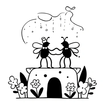 A detailed illustration of two flies adorned with tiny wedding attire, standing on a delicate leaf altar. Surrounding them are several small fly guests, each wearing miniature hats and bows. The scene is decorated with various flowers, including daisies and clovers, adding an enchanting touch. Above the altar, there are strands of silk, resembling wedding decorations, hanging gracefully. The overall atmosphere is filled with joy and celebration.