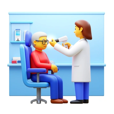 A senior citizen sitting in an examination chair at a clinic, wearing glasses. A bright light is focused on their right eye as a medical professional, dressed in a lab coat, prepares to use an eye examination tool. The clinic has a modern, sterile appearance with medical equipment visible in the background. The senior citizen shows a look of concentration while facing the examiner. The scene conveys a sense of care and professionalism in the eye examination process.