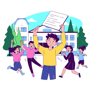 A student smiling widely is holding a certificate high above their head in front of a white school building. The student is wearing a colorful shirt and has their hair styled neatly. Surrounding the student, there are joyful classmates, some with their hands clapping and others jumping in excitement. The background features green trees and a clear blue sky, adding to the celebratory atmosphere.