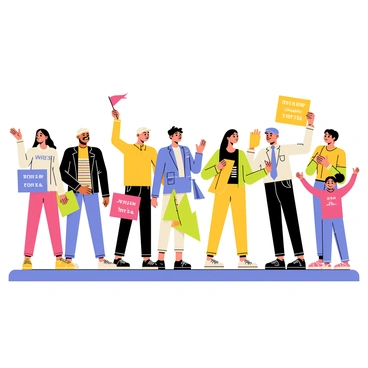 A group of diverse bystanders standing on a sidewalk, cheering loudly in support of a rally. Some bystanders are holding colorful signs with motivational phrases written on them. A middle-aged man is waving a small flag while a young woman is clapping her hands enthusiastically. Nearby, a child is jumping up and down with excitement. The scene captures the lively atmosphere, with smiles and expressions of encouragement on their faces.