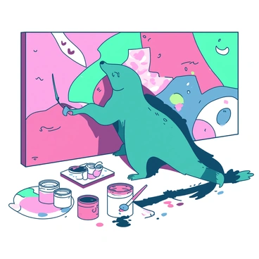 A teal pangolin stands on its hind legs in front of a large wall, focused on painting a vibrant mural. The mural features a mix of bold patterns and shapes in various colors. Around the pangolin, there are art supplies scattered on the ground, including several open paint cans in shades of white and pink, paintbrushes, and a palette with splashes of color. The pangolin holds a paintbrush in its right claw, adding details to the mural with careful strokes. A sense of creativity and enthusiasm fills the scene.