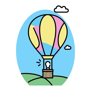 A colorful hot air balloon, featuring bright patterns of red, yellow, and blue, is rising into the sky. The balloon's fabric is billowing as the burner flame below emits a gentle whoosh. The surrounding landscape includes green fields and a clear blue sky, with a few fluffy white clouds scattered above. The balloon's basket is woven, with a person standing inside, looking up at the balloon as it ascends.