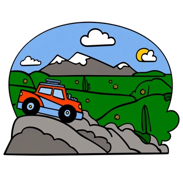 A rally car with a vibrant red and blue paint job is climbing a steep, rocky hill. The car has large, off-road tires, and its headlights are on, illuminating the path ahead. Behind the car, there is a panoramic view of a lush green valley below, dotted with trees and wildflowers. The sky is clear with a few fluffy white clouds scattered above, and the sun is shining brightly, casting shadows on the hillside. The background showcases distant mountains with peaks covered in snow, creating a striking contrast against the vibrant colors of the scene.