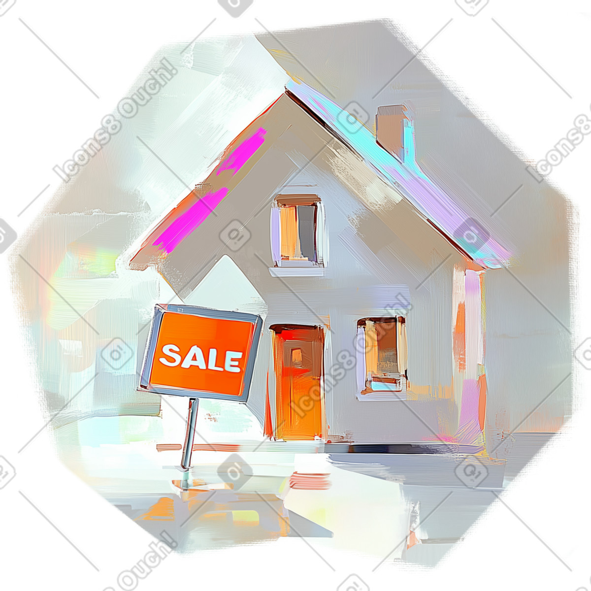 Illustration Peinture à l'huile d'une maison avec un panneau de vente dans le style Pictorial télécharger aux formats PNG, SVG