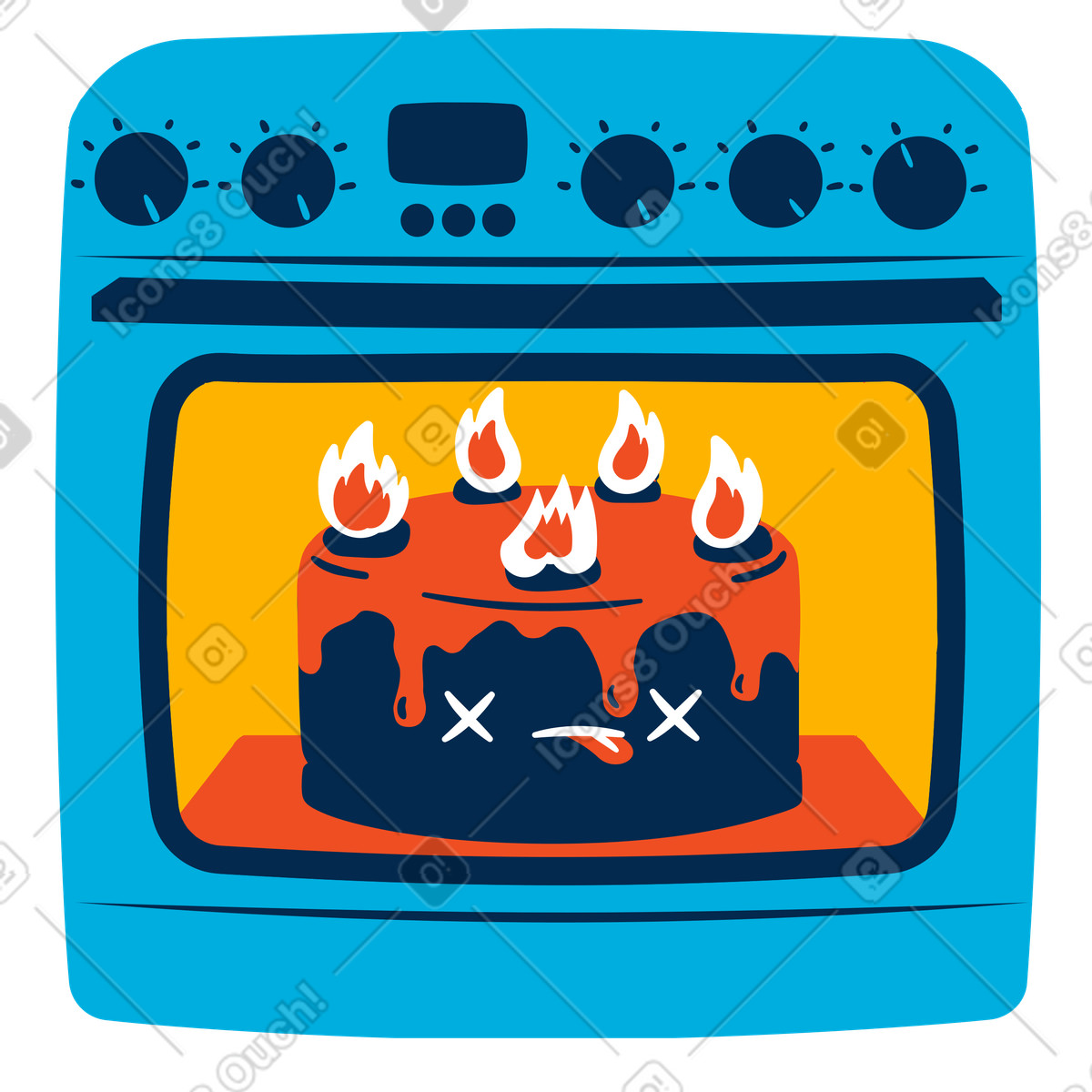 Illustration Burnt cake on fire inside oven, Fatal error or fail concept dans le style Flame à télécharger aux formats PNG, SVG