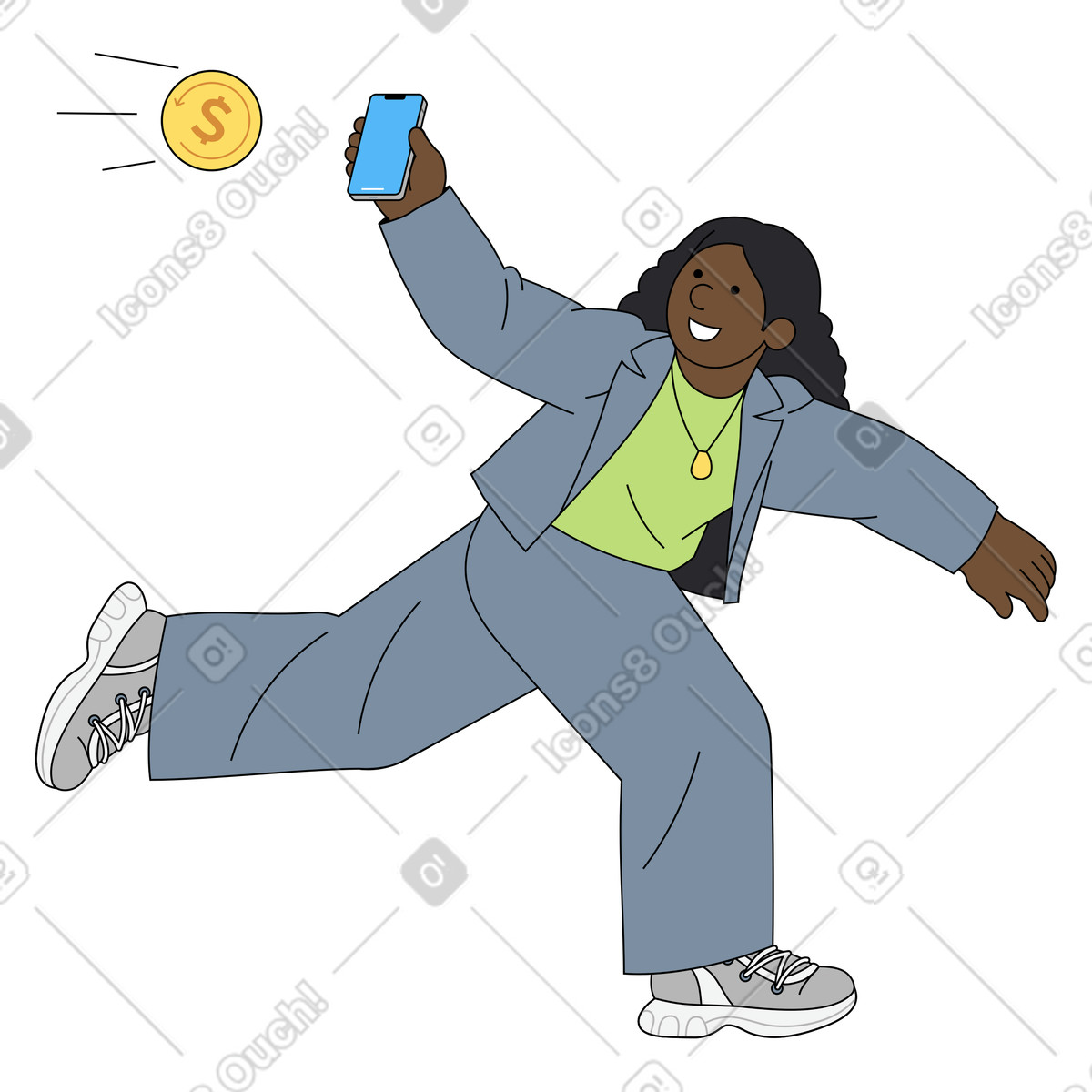 Ilustración Young woman catching cashback on her phone en estilo Kindy a descargar en PNG y SVG