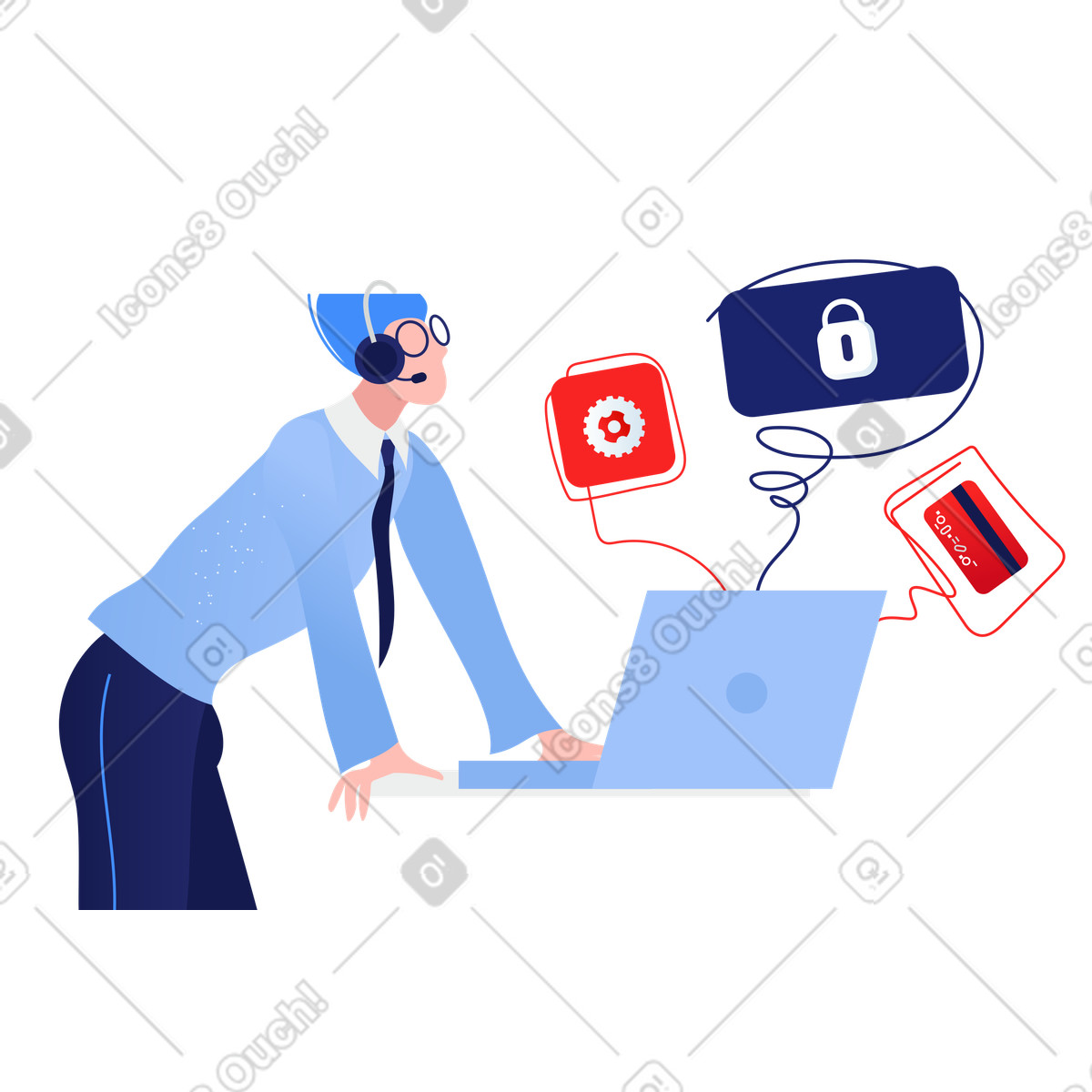 Ilustração de Support agent at laptop with headset, Customer service or call center concept em no estilo Clip para baixar em PNG, SVG