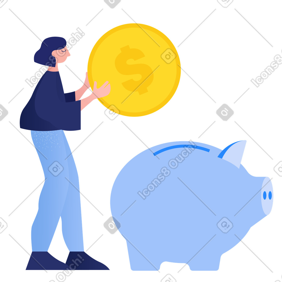 Ilustração de Mulher economizando dólares no cofrinho em estilo Clip para baixar em PNG, SVG