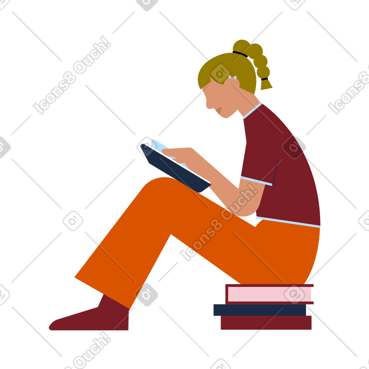 Girl sitting on books stack and reading illustration in Vector style download in PNG, SVG