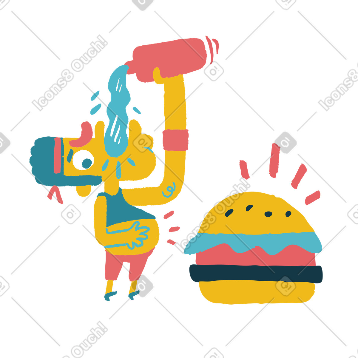 Mann mit burger schluckt wasser-Illustration im Flamenco-Stil als Download in PNG, SVG