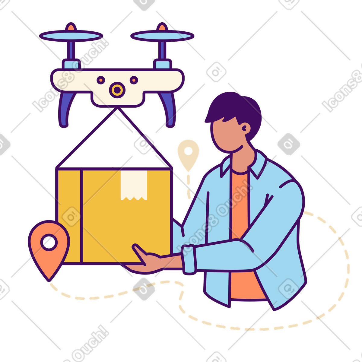 Parcel delivery using a drone, Fast technology-Illustration im Simplistic-Stil als Download in PNG, SVG